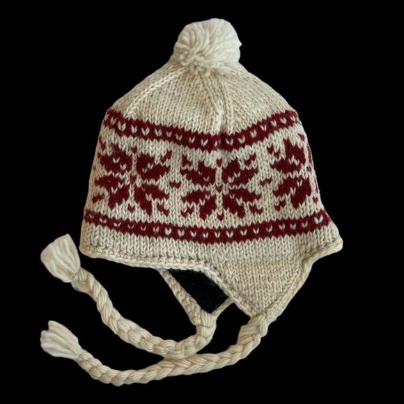 Nepal Fair Isle Heavy Wool Knit Sherpa Hat OS Fleece Lined Ear Flap Long Tassel - Picture 3 of 12